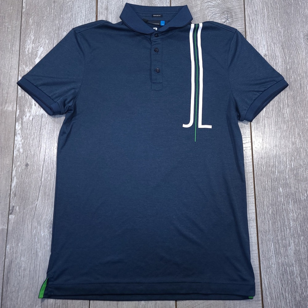 J.Lindeberg Polo Shirt Mens Size Medium Navy Blue TX Jersey Stripe Golf Regular